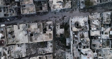 Damascus suburb destroyed in aerial view, Syria