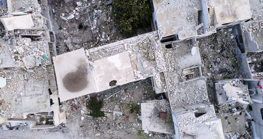 Damascus suburb destroyed in aerial view, Syria