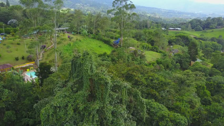 AERIAL: rotating around line of tree, on a mountain side in Cali, Colombia, to reveal farm land and beautiful housing.