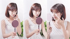 set of vertical video - Young asian skin care woman look mirror