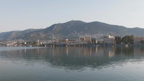 Mytilene, Greece - 09 13 2018: Mytilene scenic shot of harbor bay mountains