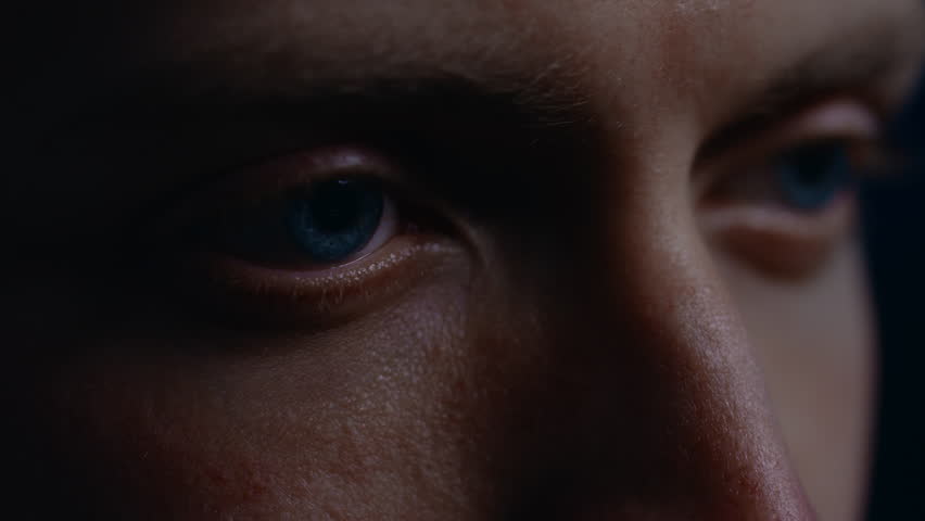 Biometric Facial Recognition Scanning of Blue Eye's Iris. Futuristic Concept: Projector Identifies Individual by Illuminating Face by Dots and Scanning with Laser. Close-up Shot Royalty-Free Stock Footage #1024746548