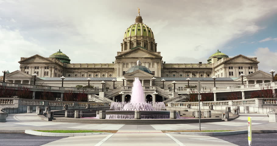 Building exterior and fountain of the Pennsylvania State Capitol building in downtown Harrisburg USA