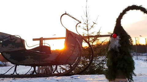 santa claus with christmas sled and christmas tree, camera slider