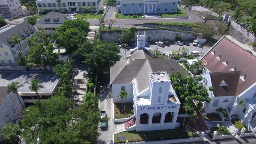Aerial footage of historical church in downtown Nassau, Bahamas.
