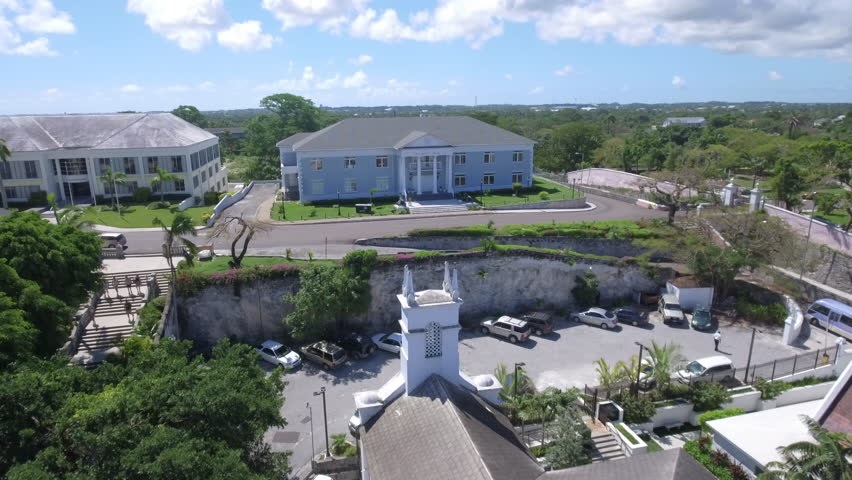 Aerial footage of historical church in downtown Nassau, Bahamas.