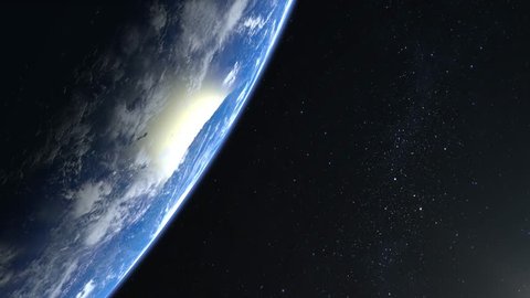 Earth from space. Stars twinkle. Flight over the Earth. 4K. The earth slowly rotates. Realistic atmosphere. 3D Volumetric clouds. No sun in the frame.