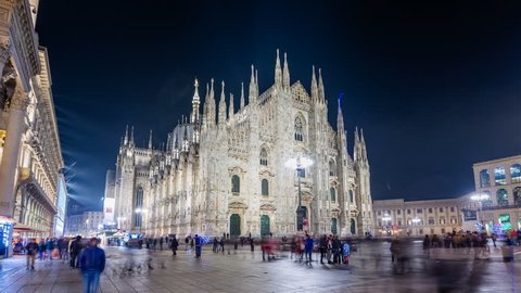 Milan Cathedral Night Of The Moon, People walking on Square Piazza Duomo di Milano and Gallery Vittorio Emanuele II, during the fashion week. Timelapse, Hyperlapse Italy