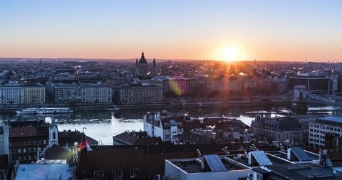 4K time lapse of the rooftops of Budapest with St Stephen's Basilica and Danube in the morning