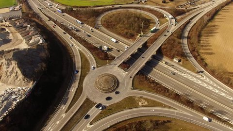 Drone shot of aerial view on Swiss highway crossing junction at Augst. CH Switzerland. 26th Feb.2019