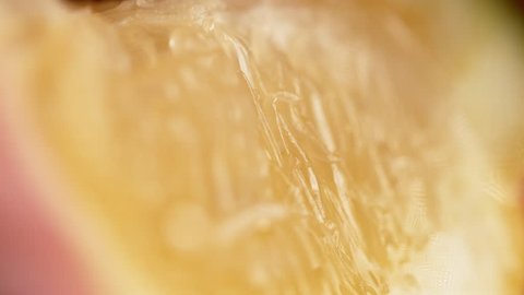 MACRO, DOF, SLOW MOTION: Delicious sour juice comes flying out of a lemon slice being squeezed by an unrecognizable person. Aromatic droplets of liquid splashing wildly. Squeezing an organic lemon.