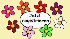 Deutsch Advertising video 4k with the inscription register now. Flying flowers around text register now