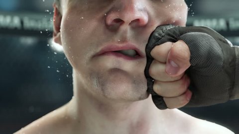 Great MMA punch, fighter being punched in the jaw in slow motion, highly detailed 3d animation