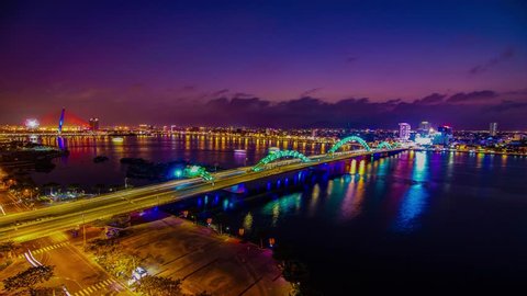 Da Nang, Vietnam: Dragon bridge at sunset which is considered as a icon of Da Nang city.