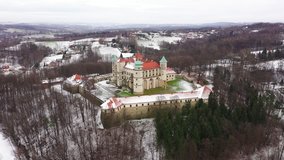 View from the height of the castle in Nowy Wisnicz in winter, Poland. Accelerated video