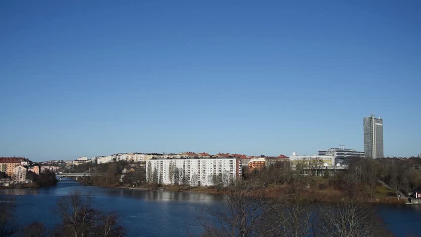 In comming flight to Bromma Airport a sunny view over lake Mälaren in Stockholm