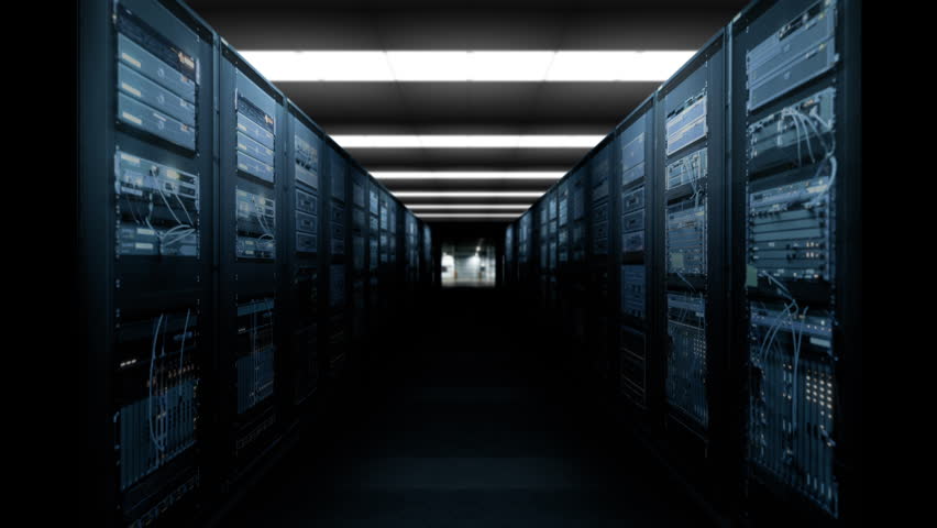 Digitalization of Information. Concept of Digital Data Flow Through Rack Servers in Data Center. Animation of Moving Cloud Network of Future Technology in Server Room. Royalty-Free Stock Footage #1024821293