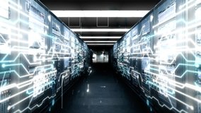 Digitalization of Information. Concept of Digital Data Flow Through Rack Servers in Data Center. Animation of Moving Cloud Network of Future Technology in Server Room. - Powered by Shutterstock - Get 15% off with code: PIKWIZARD15