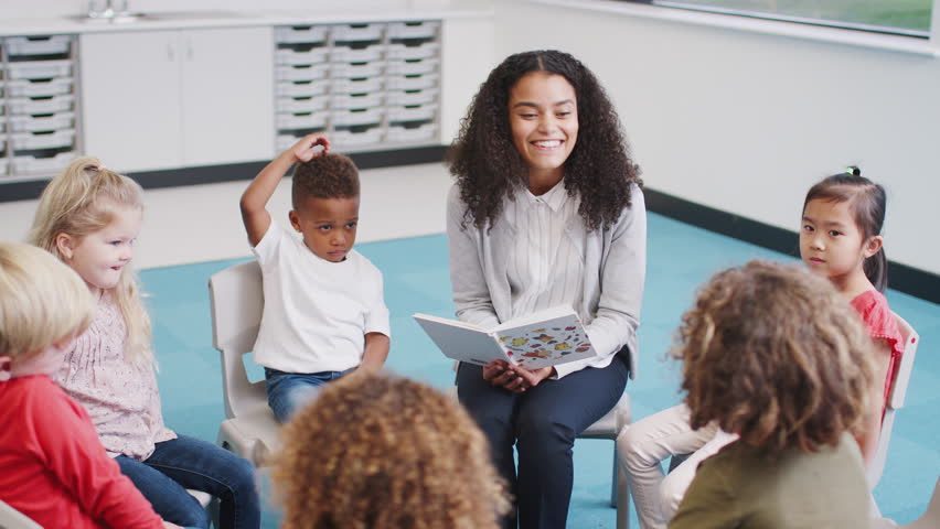 Young female infant school teacher reading a book to kids sitting on chairs in a classroom Royalty-Free Stock Footage #1024826033