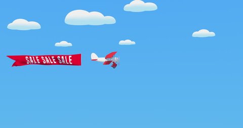 Waving banner with sales sign and retro biplane 4K motion graphics footage. Promotional animation for discounts