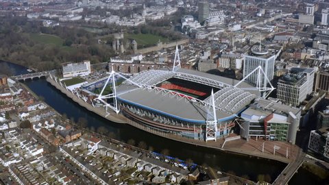 FEBRUARY 24, 2019, Cardiff, Wales : Cardiff Principality Stadium aerial view home of Welsh rugby union, plus football. Wales capital city panoramic skyline feat. River Taff and city center in the UK
