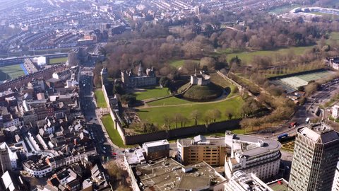 Cardiff Castle aerial view in Wales capital city feat. park and gardens skyline and cityscape on a sunny day in the UK