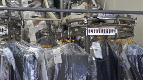 Hd Shot Dry Cleaner Conveyor System Stock Footage Video (100% Royalty