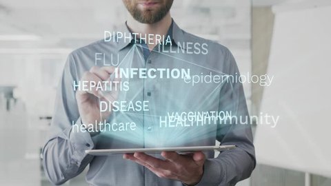 infection, immunity, epidemic, healthcare, vaccination word cloud made as hologram used on tablet by bearded man, also used animated illness diphtheria hepatitis disease word as background in uhd 4k