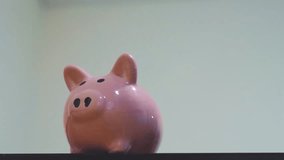 businessman makes savings puts coins in a piggy bank. piggy bank business concept. slow motion video. saving money is an investment for the future. 