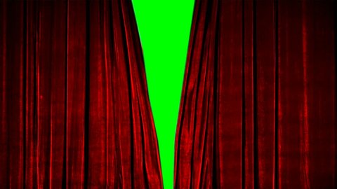 Real Velvet Cloth Stage silk red Curtain open on green screen. Curtain For theater, opera, show, stage scenes. This opening curtain are shooted on Red Camera - slow motion. Real Cinematic Curtain.