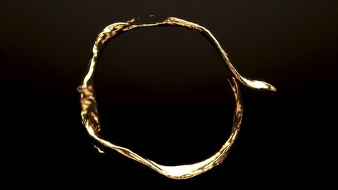 Slow motion liquid gold flows in a looping motion across the screen against a dark background. Matte is included for compositing.