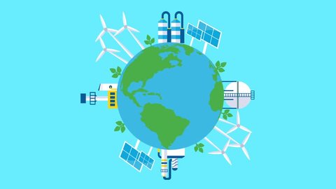 Green energy, solar power plants and windmills. Protection of the ecology of the globe from pollution by industrial and household waste. PNG Video animation. Flat cartoon motion graphics.