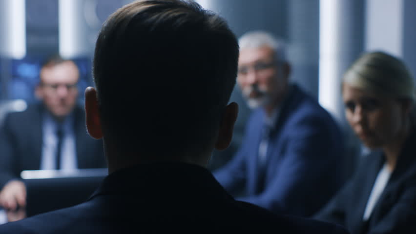 On the Business Meeting Chief Analytics Makes Report, CEO and Top Managers Listening. Meeting in the Conference Room. Royalty-Free Stock Footage #1024872551