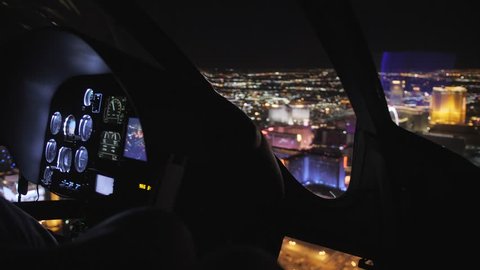 Areal view and The Maveric helicopter dashboard at night, Las Vegas Boulevard, Las Vegas, Nevada, USA, North America
