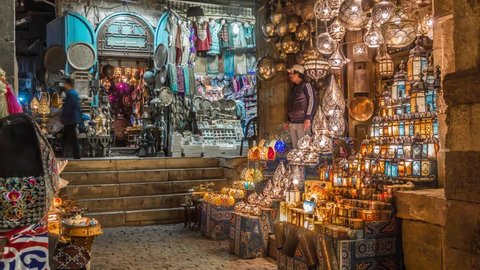 Cairo, Egypt - Feb 02 2019: Lamp or Lantern Shop in the Khan El Khalili market in Islamic Cairo