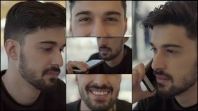 Collage of medium and close up shots of young handsome man with black beard and stylish hairdo talking on phone outside