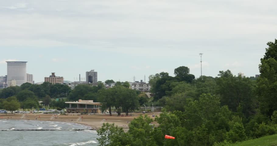 Skyline view of downtown Cleveland Ohio USA from Edgewater View looking over Lake Erie
