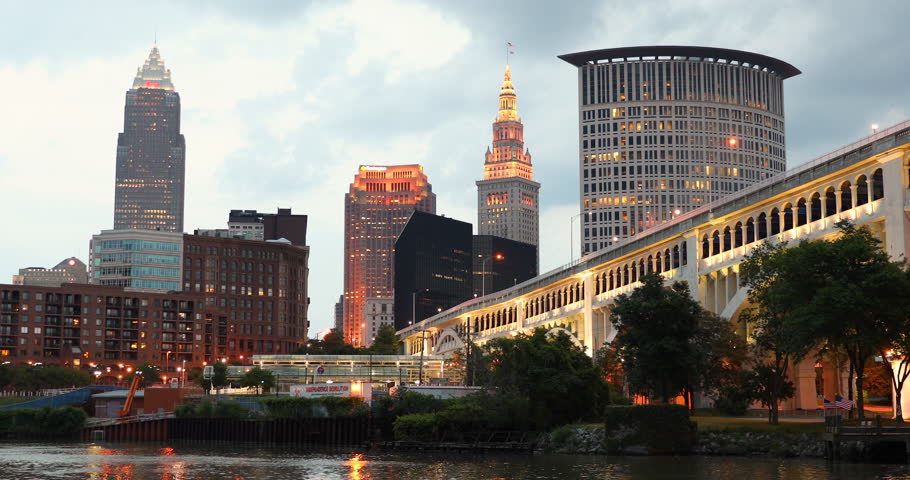 Cityscape of Cleveland Ohio USA from the marina across the Cuyahoga river