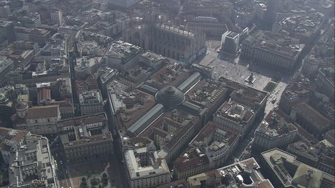 AERIAL Italy-Shopping Mall In Central Milan 2007: Approach to Duomo Square with Vittorio Emanuele II Gallery in foreground