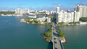 MIAMI, FLORIDA, USA - JANUARY 2019: Aerial drone panorama view flight over Miami. Venetian Islands and Biscayne Bay. Streets, hotels and residential buildings from above.