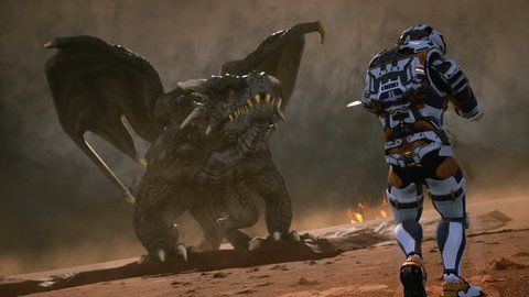 Astronaut against the dragon. Epic battle with explosions, shots and smoke on an uncharted planet. 3D animation fantasy background.