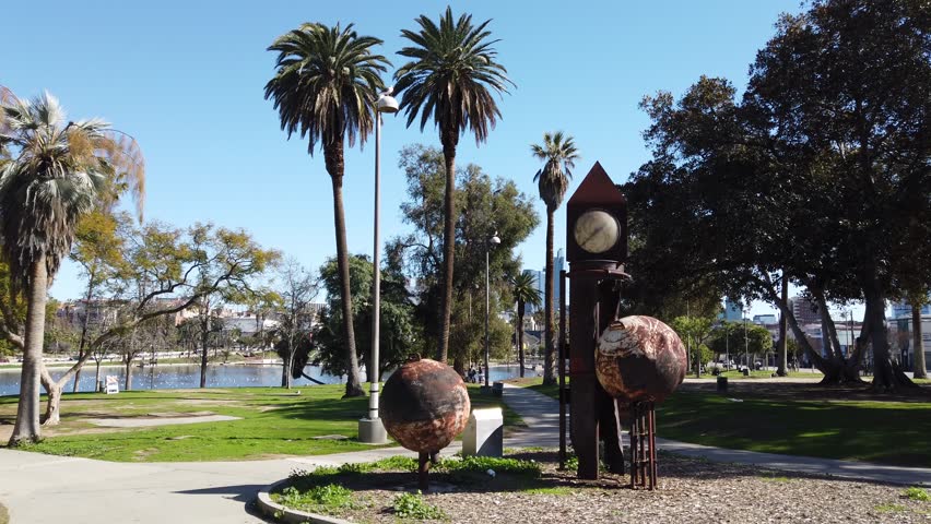 Clock tower of MacArthur Park Lake at Los Angeles, California