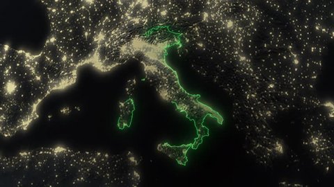 Realistic 3d animated earth showing the borders of the country Italy and the capital Rome in 4K resolution at night