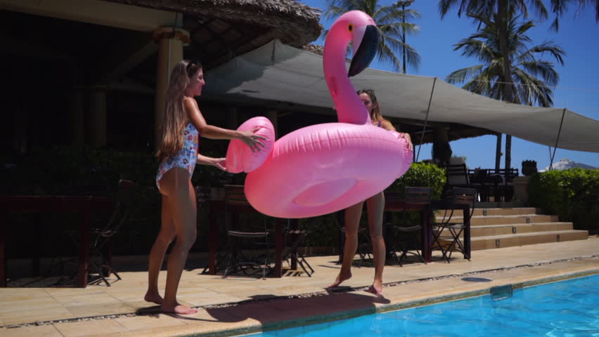 Two beautiful cheerful women in colourful swimwear laughing and throwing a giant inflatable pink flamingo floatie in the pool on a sunny day. 