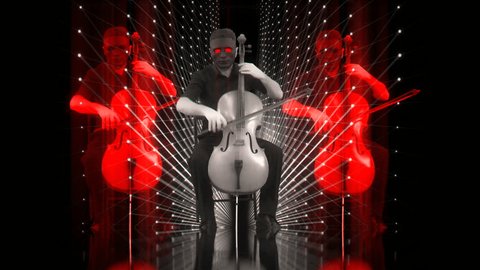 Amazing three vello players animated in red black motion background. Man playing on cello music instruments with red eyes. Abstract motion background video 