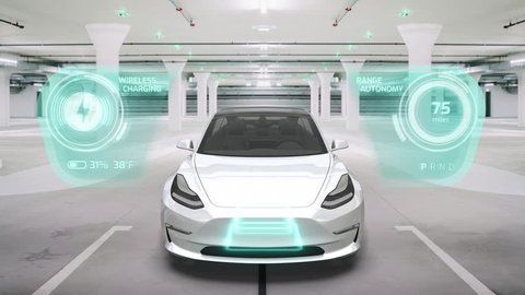 Autonomous electric car charging itself using wireless charging EV Technology with previsualization of a holographic dashboard showing the process.
