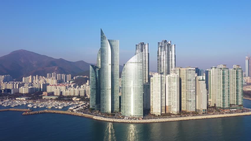 Aerial view of Busan City, South Korea.It is a coastal city with popular beaches and famous tourist destinations in South Korea.South Korea
