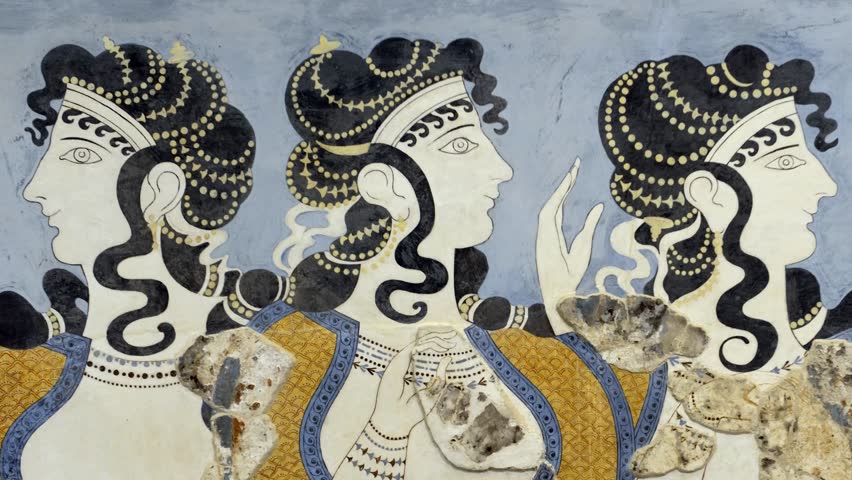 CRETE, GREECE - MAY 29, 2016: "Ladies in Blue" from the Knossos Palace, 1600-1450 BC. Minoan palaces Knossos is the largest archaeological site of all the paleces in Mediterranean island of Crete.