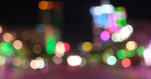 Defocused, blurred bokeh and abstract blurred light of car on street . Royalty high-quality free stock video footage of traffic light, glowing backdrop overlay for design. Traffic light in city night