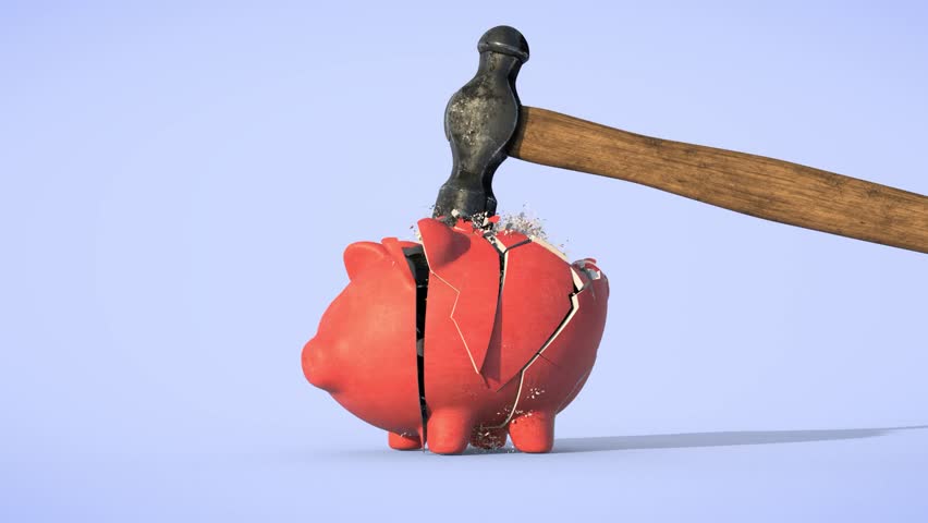 Piggy bank destroyed by a hammer in slow motion.
3D Animation.